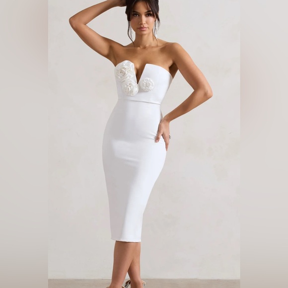 Club L London Dresses & Skirts - Club L London White Fanciful Strapless Midi Dress V Neck Size 2 NWT